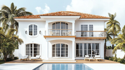 Fototapeta premium Elegant resort style house with pool and palm trees, exuding luxury and relaxation