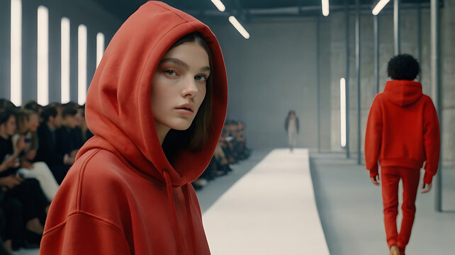 A beautiful female model wearing an oversized red hoodie and sweatpants on the runway of Paris fashion week, with a minimalistic design featuring a high neck collar and oversized 