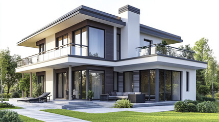 Modern two story house with large windows and garden