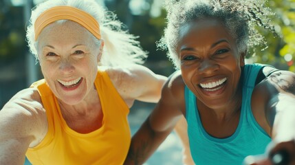 Multiracial senior women having fun together after sport workout outdoor - Focus on left female face