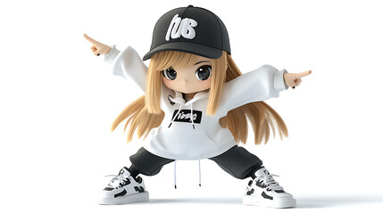 A cartoon girl with long hair and a black hat with the letters HUB on it. Generated using AI.