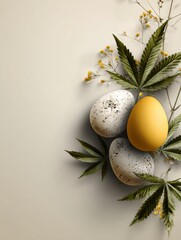 Close up of Easter eggs and marijuana leaves