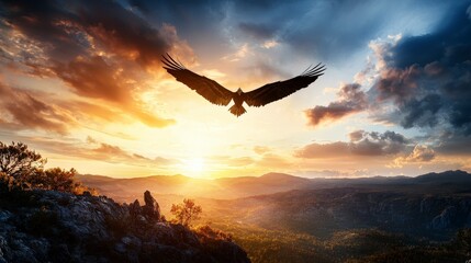 Fototapeta premium Eagle soars at sunrise over mountain range nature scene dramatic sky majestic wildlife photography