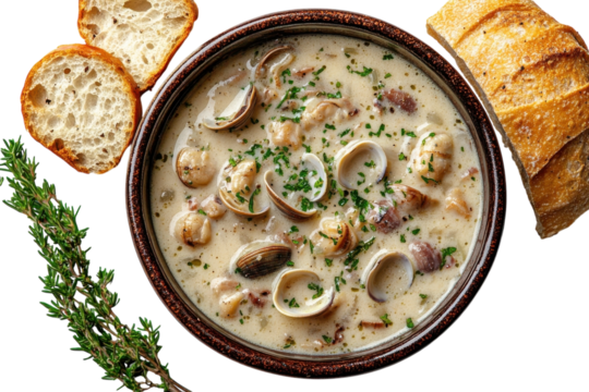 Clam chowder served with fresh bread and herbs on a rustic table