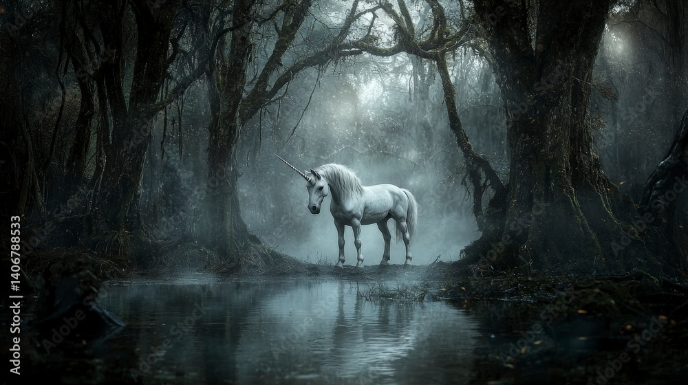 Poster mystical unicorn encounter in enchanted forest fantasy art ethereal environment dreamlike viewpoint