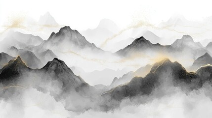Abstract watercolor background vector. Luxury wallpaper with paint brush and gold line art. Black and gray watercolor, golden lines, mountain illustration for wall art, cover and invitation cards.