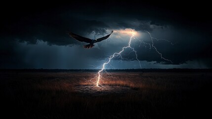 Obraz premium Stormy weather action eagle soars amidst lightning strikes in nature's dramatic landscape