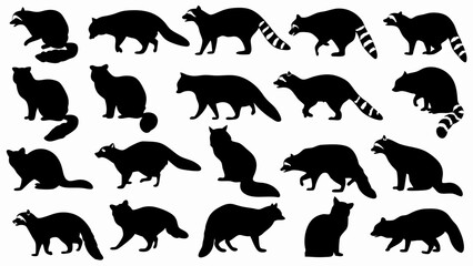 set of raccoon silhouette vector on white background