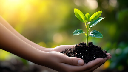 Gentle hands hold a young green plant in rich soil, glowing in warm sunlight—symbolizing hope and new beginnings.	
