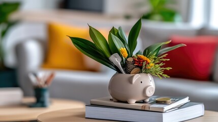 Savings with natural growth, a financial concept expressed through piggy bank