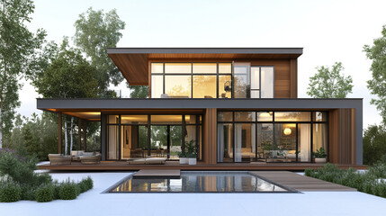Modern resort style house with large windows and pool, surrounded by trees