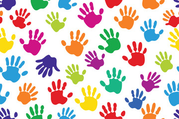 Colorful Handprints Pattern on White Backdrop, Vibrant, Abstract Background