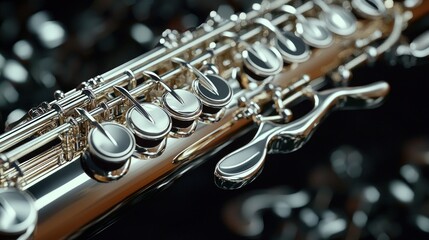 Obraz premium Close-up of a polished silver-colored soprano saxophone headjoint, showing intricate keywork and mechanisms. Precision-crafted, metallic instrument, close focus on keys and mechanisms.