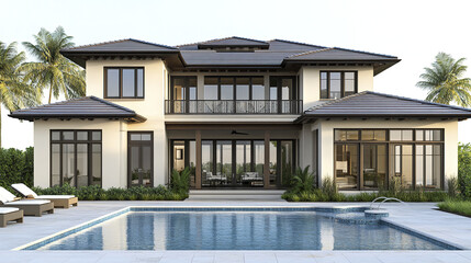 Fototapeta premium Elegant modern house with pool and palm trees, exuding luxury and relaxation