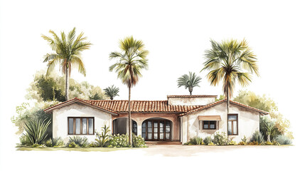 Resort style house with palm trees and lush greenery