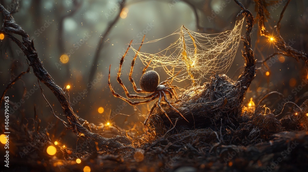 Poster spider weaving intricate web in enchanted forest nature photography magical atmosphere mystical pers