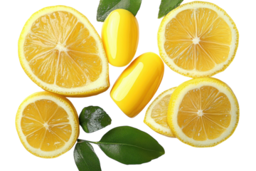 Vibrant lemon slices and yellow nail polish arranged on a white background in a fresh display