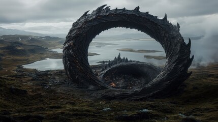 Fototapeta premium Mysterious giant circular structures emerge in remote landscape iceland fantasy scene dramatic atmosphere aerial view