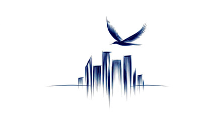 Obraz premium Bird flying over cityscape minimalist line art illustration
