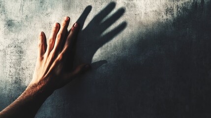 young person hand reaching out toward massive shadow of corporate logo projected on wall. shadow towers over them, symbolizing overwhelming power of corporations.