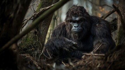 Fototapeta premium Gorilla observing its habitat dense forest wildlife photography natural environment close-up animal behavior