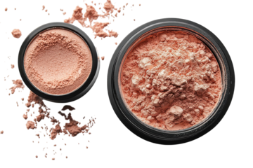 Beauty powder containers filled with natural makeup pigment on a white background