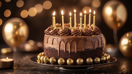 A chocolate cake with candles and golden decorations against a dark background with bokeh lights
