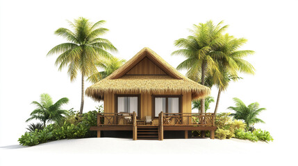 Fototapeta premium Tropical hut with palm trees on white background, serene setting