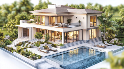 Fototapeta premium Modern resort style house with pool and lush greenery