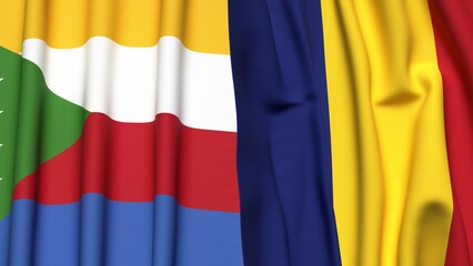 Flags of COMOROS and ROMANIA with realistic cloth texture