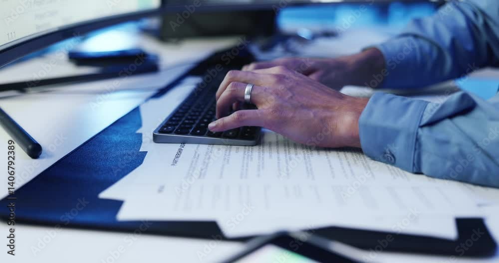 Poster Man, hands and typing on computer with paperwork for surveillance report, patrol logbook or planning. Professional, security guard and technology for witness statement or handover document in office