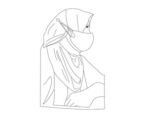 A wonderful abstract woman face , wavy longhair, hair bun and vector illustration line drawing with cap.