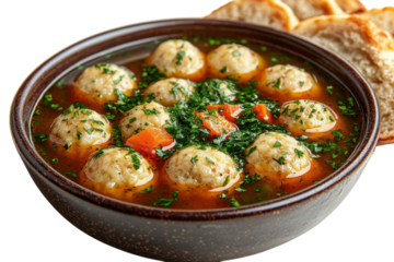 Traditional dumpling soup served in rustic bowl with herbs and bread