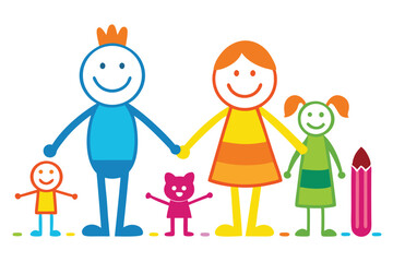 Happy Stick Figure Family Holding Hands with Colorful Pencil on White Background