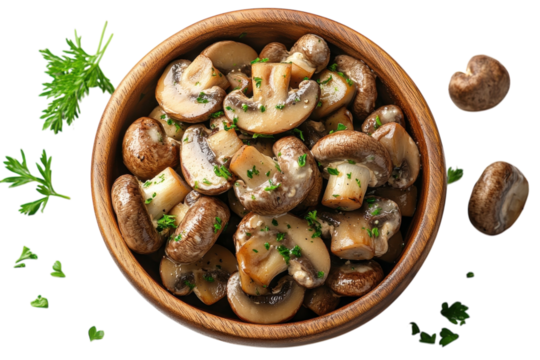 Fresh mushrooms prepared with herbs in a wooden bowl for a healthy meal or dish