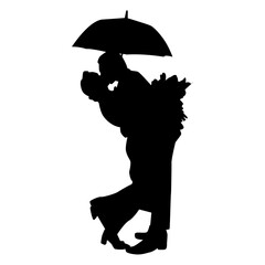 Silhouette of loving couple standing under an umbrella. Vector illustration