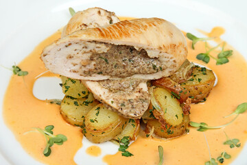 Chicken Roll with Potatoes and Sauce on Plate
