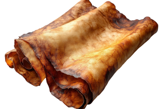 Natural brown leather hide displayed in a rustic setting surrounded by soft lighting