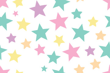 Pastel Stars Pattern Pink, Yellow, Green, Purple, Seamless Starry Texture on White