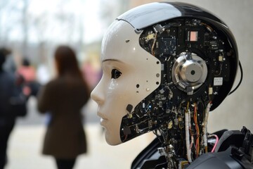 Fototapeta premium A close-up reveals a humanoid robot with visible internal mechanisms. The robotic figure stands in a public space.