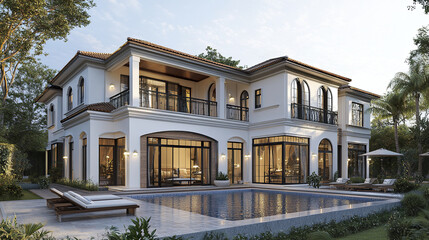Elegant two story house with pool and garden, showcasing luxury and comfort