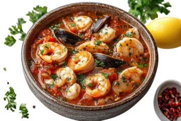 Delicious seafood stew with shrimp, mussels, and fresh herbs in a rustic bowl
