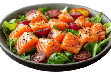 Fresh salmon salad bowl with vibrant greens and vegetables prepared for a healthy meal