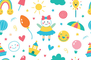 Seamless Pattern with Smiling Rainbow, Sun, Doll, Balloons, Hearts, Star on White