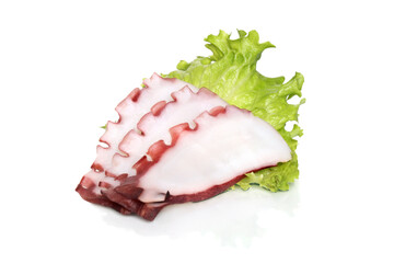 Sliced Octopus Sashimi with Green Lettuce on White