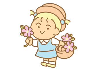 Little girl with flowers in basket.