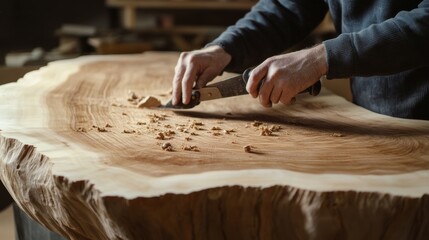 Carpenter cutting wood for custom furniture in a workshop. Featuring woodwork precision