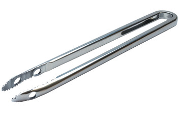 Stainless steel kitchen tongs displayed on a white surface for culinary use and dining