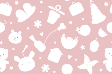 White baby toy shapes seamless pattern on pink backdrop, soft background