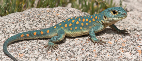 Obraz premium Vibrant lizard, turquoise and orange, basking on granite rock